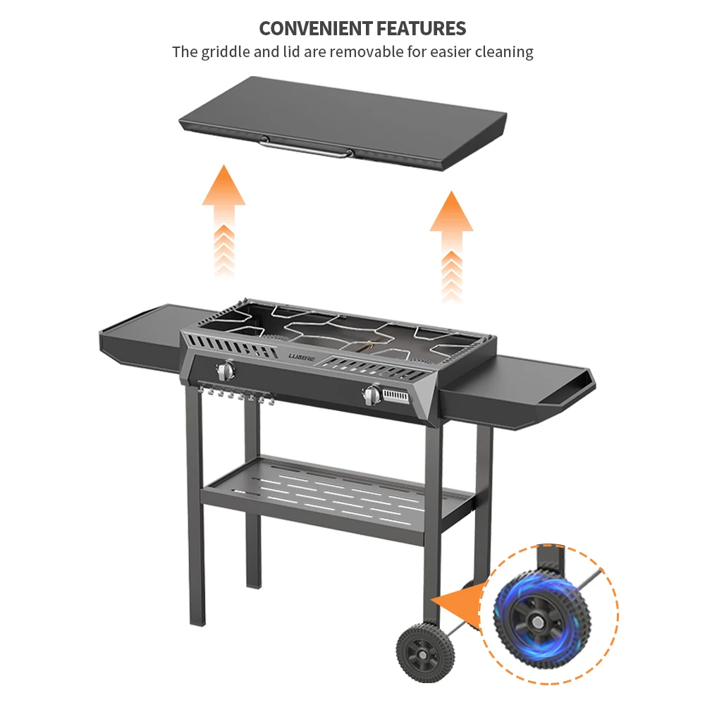 Two Side Shelf Camping Cooker Outdoor Griddle Two Burners Steel Gas Griddle with Hood