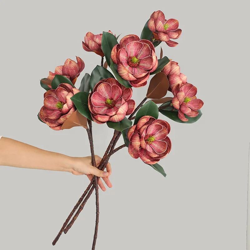 KEWEI T175 Premium Artificial Magnolia Flower Real Touch PU 3 Heads Fall Color Large Magnolia