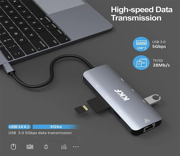 USB C концентратор 8 в 1 взаимный обмен данными между компьютером и периферийными устройствами док-станция с Ethernet HD + MI 3 USB3.0 SD/TF Card Reader устройство чтения карт USB-C PD