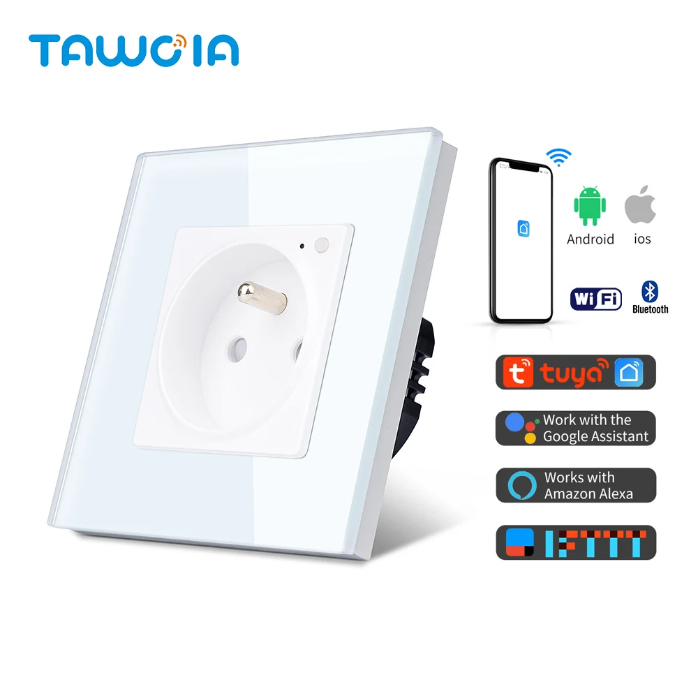 TAWOIA Unique Tempered Waterproof Glass 86MM Smart Home 16A Socket French Type  Wifi Socket with Grounding