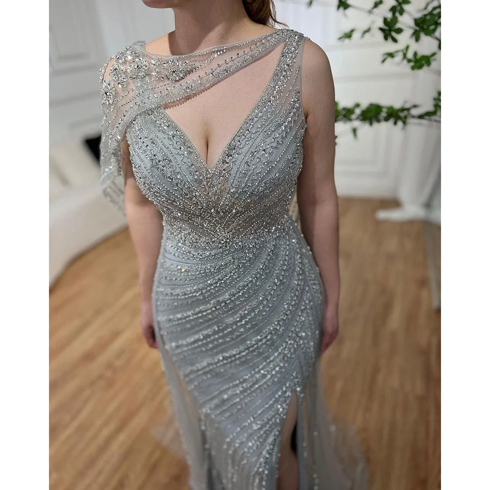 Champagne Beaded Sleeveless Sexy Mermaid Evening Dresses 2021 Serene Hill LA70301 V Neck Long Party Gowns For Women  Plus Size