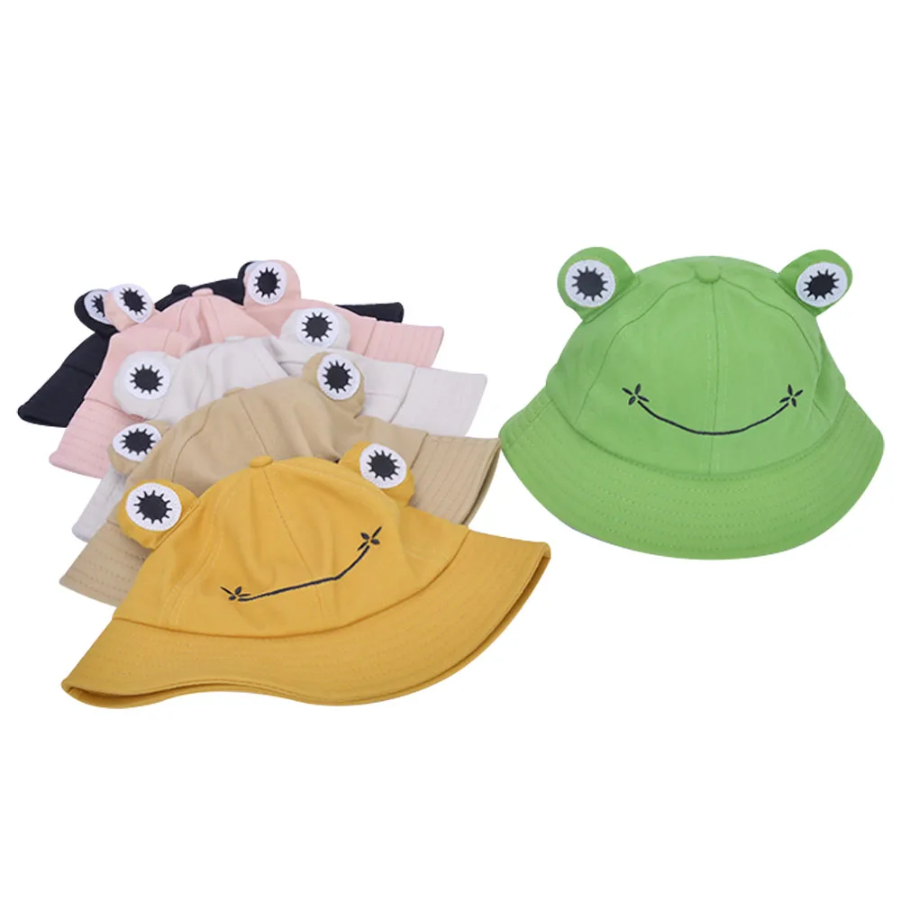 Hf summer woman cute outdoors cotton foldable reversible frog bucket hat cap for adult child