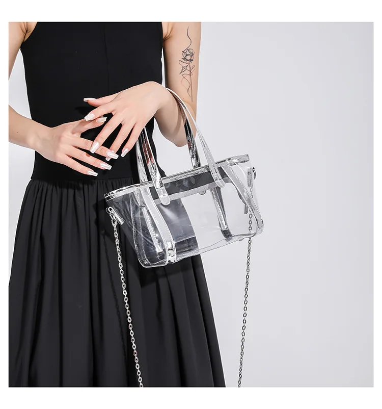 New Arrival Trendy Waterproof Transparent Pvc Plastic Summer Beach Tote Bag Chains Cross Body Bag Clear Jelly Handbag For Girls