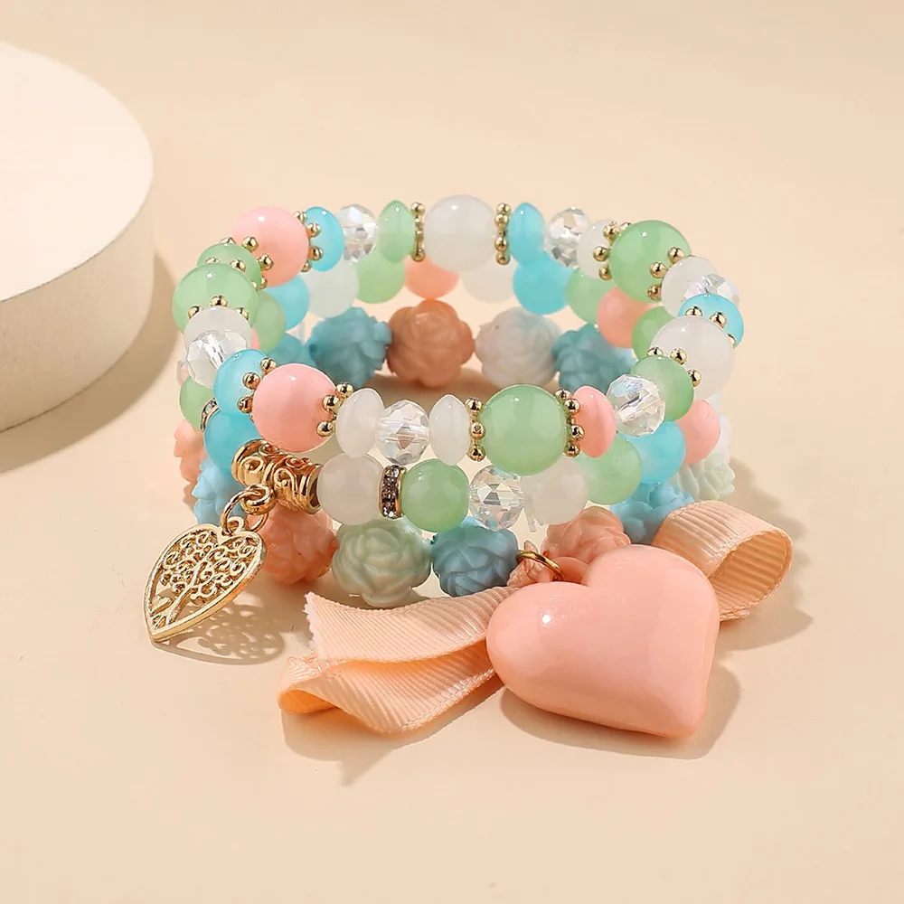 Best Sale Elastic Colored Glass Beads Bracelets Set Girls Trendy Satin Bow Large Love Heart Pendant Rose Flower Beaded Bracelet