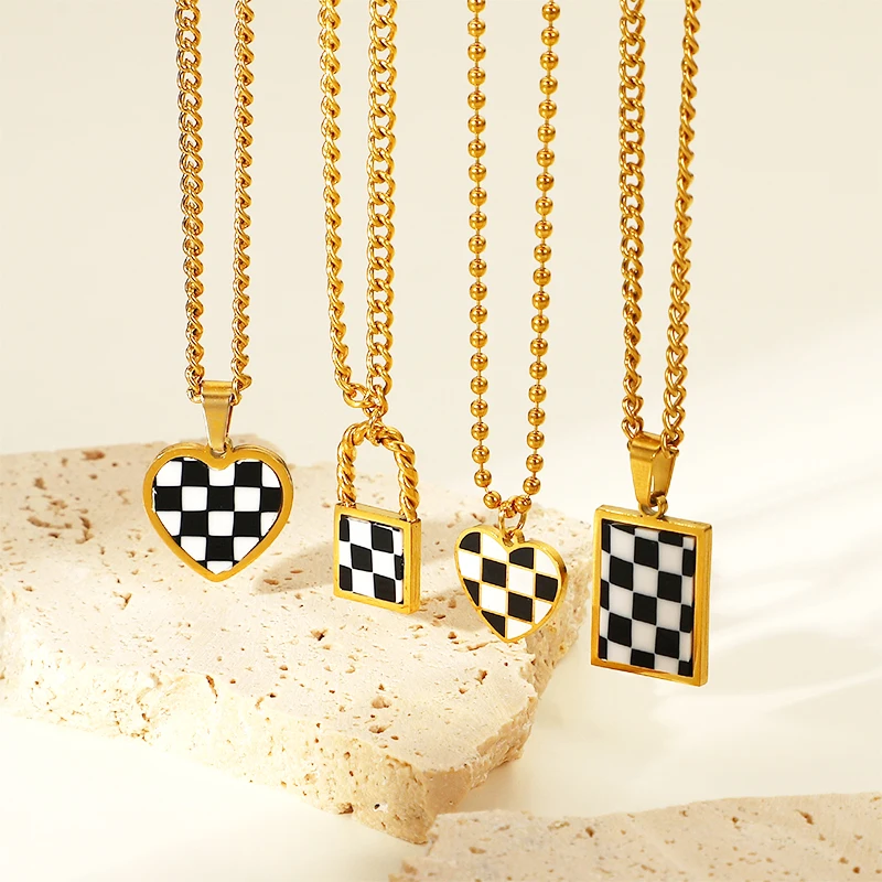 Custom Chain 14K Women Stainless Steel Heart Lock Checkered Enamel Pendant Necklace For Girl