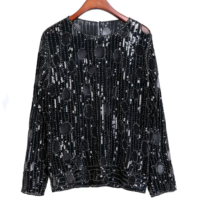 YIZHIQIU cheap long sleeve sequin top beaded sequin blouse