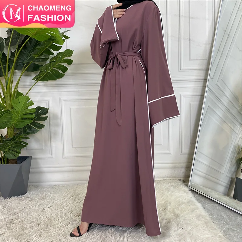 6472# High Quality Nida Closed Abaya Dress Border Praying Maxi Dresses Muslim Women Plain Color with White Full Natural Woven