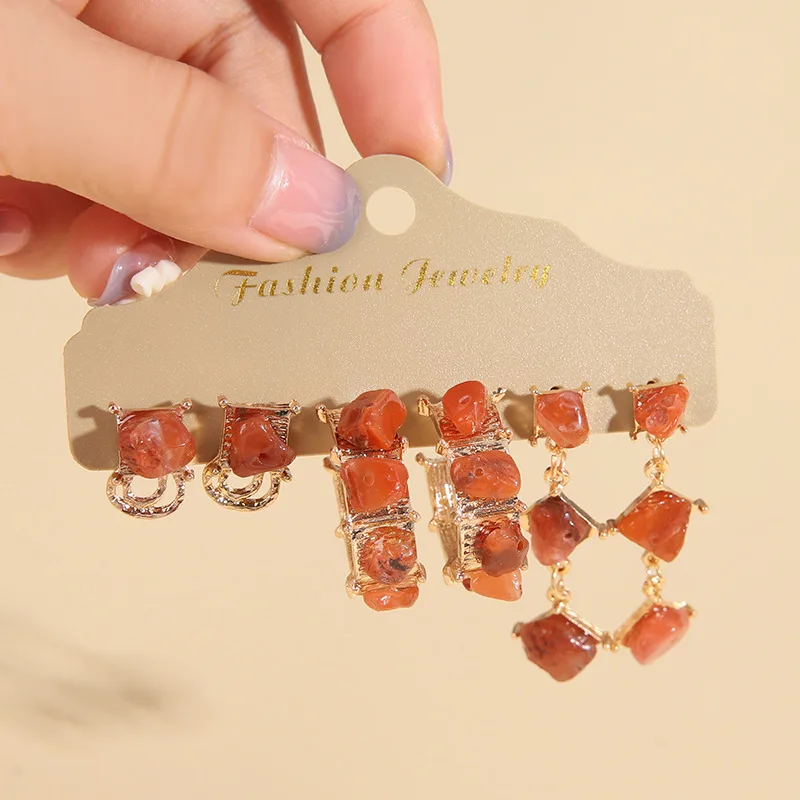 Rinhoo 3Pairs/sets Boho Classic Colorful Irregular Natural Stone Tassel Stud Earrings Women Ear Jewelry Wholesale Price