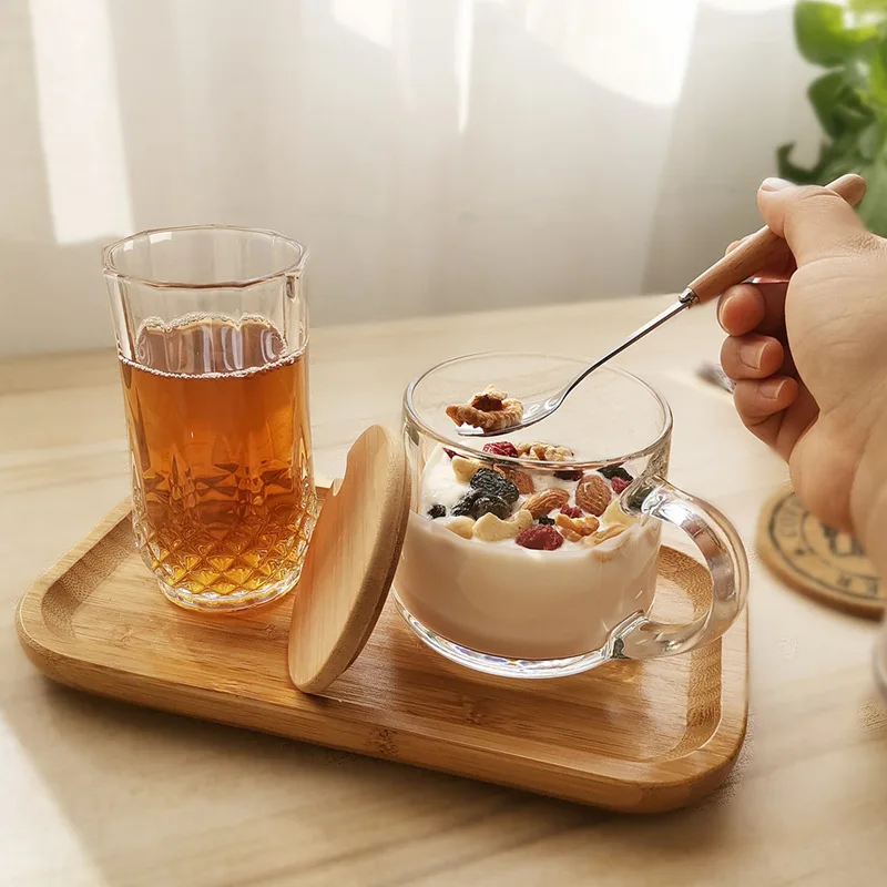 350ml Home use Glass Coffee Cup With Bamboo Wood Lid With Bamboo Wood Spoon Heat Resistant Glass Cup