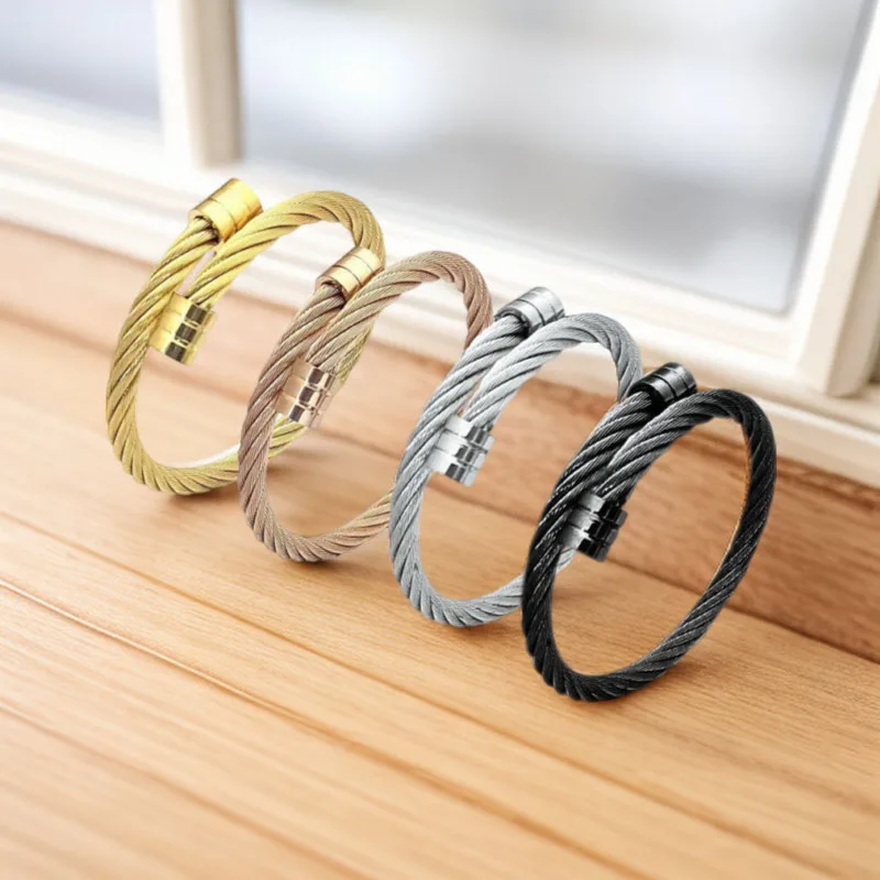 Popular Custom Stainless Steel Cable Wire Bracelet 18k Gold Plated Saudi Italian Cuff Titanium Wedding Bangle For Women Jewelry