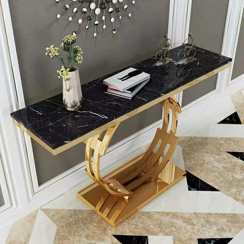 Luxury Modern Furniture Living Room Entryway Side Gold Metal Slimline Square White Marble Mirror Console Table For Living Room