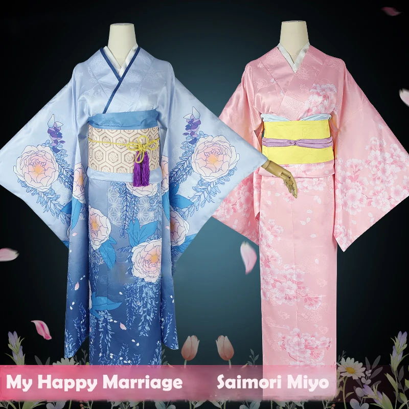 Halloween Costume Women Anime My Happy Marriage Miyo Saimori Cosplay Costume Kimono Pink Blue Dress Headwear Japanese Clothing
