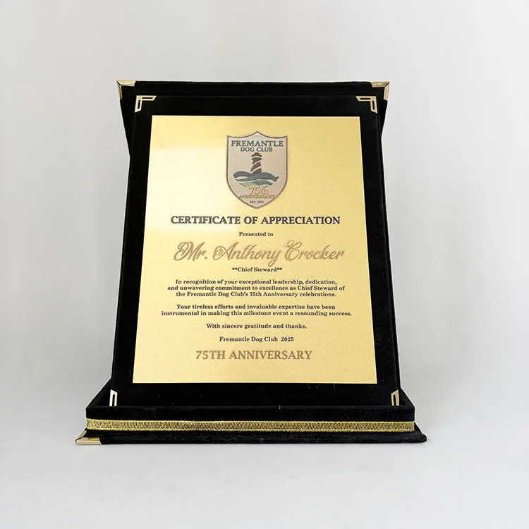 Черная Складная бархатная коробка сертификат таблички с золотой пластиной MH-MJ0084