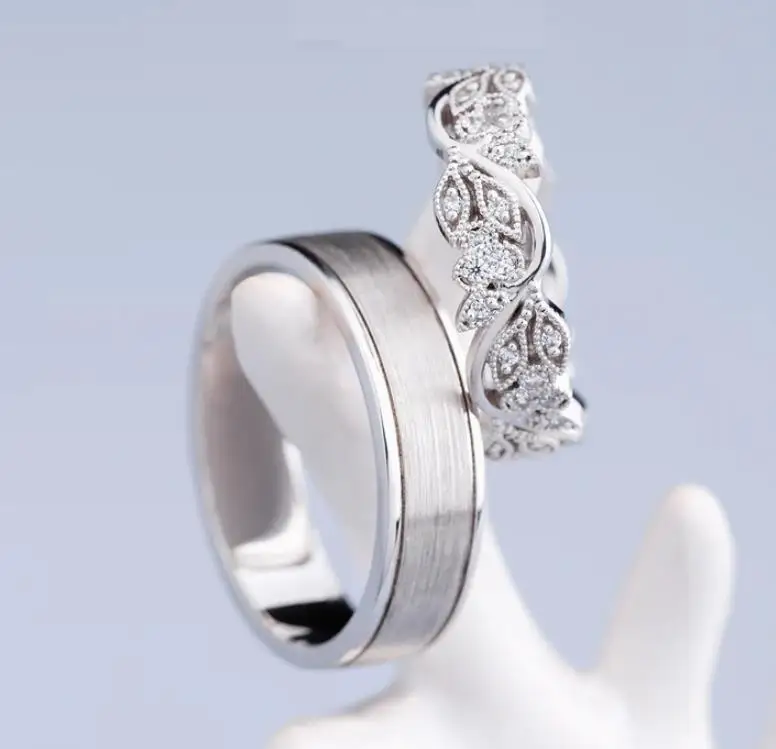 Wedding bands Set 14K White Gold  With Floral Design Couple Wedding Rings Set with Diamond Wholesale