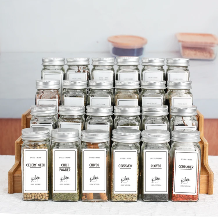 24 pcs 4 oz Empty Square Spice Bottles Glass Spice Jars Set With 1pcs Silicone Funnels 28pcs Square Labels 24 Silver Lids