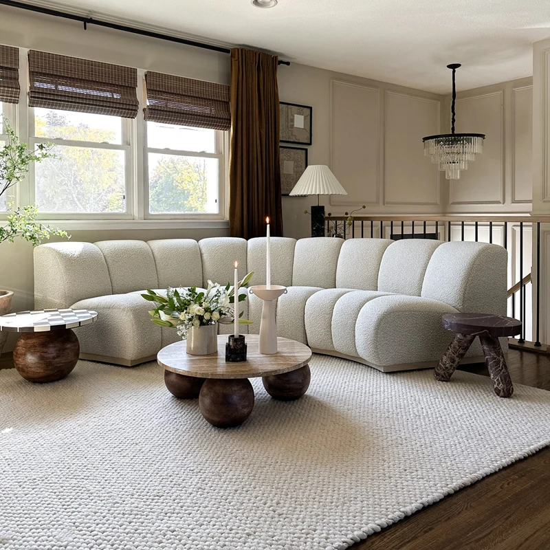 Nordic Curve Round Sofa White Boucle Couch for Living Room