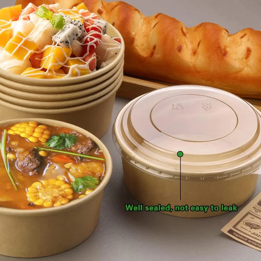 Take Away Paper Container Salad Bowls Disposable Kraft Paper Round Salad Bowl with PET Lids 750ml Craft Paper Food Snack Cup