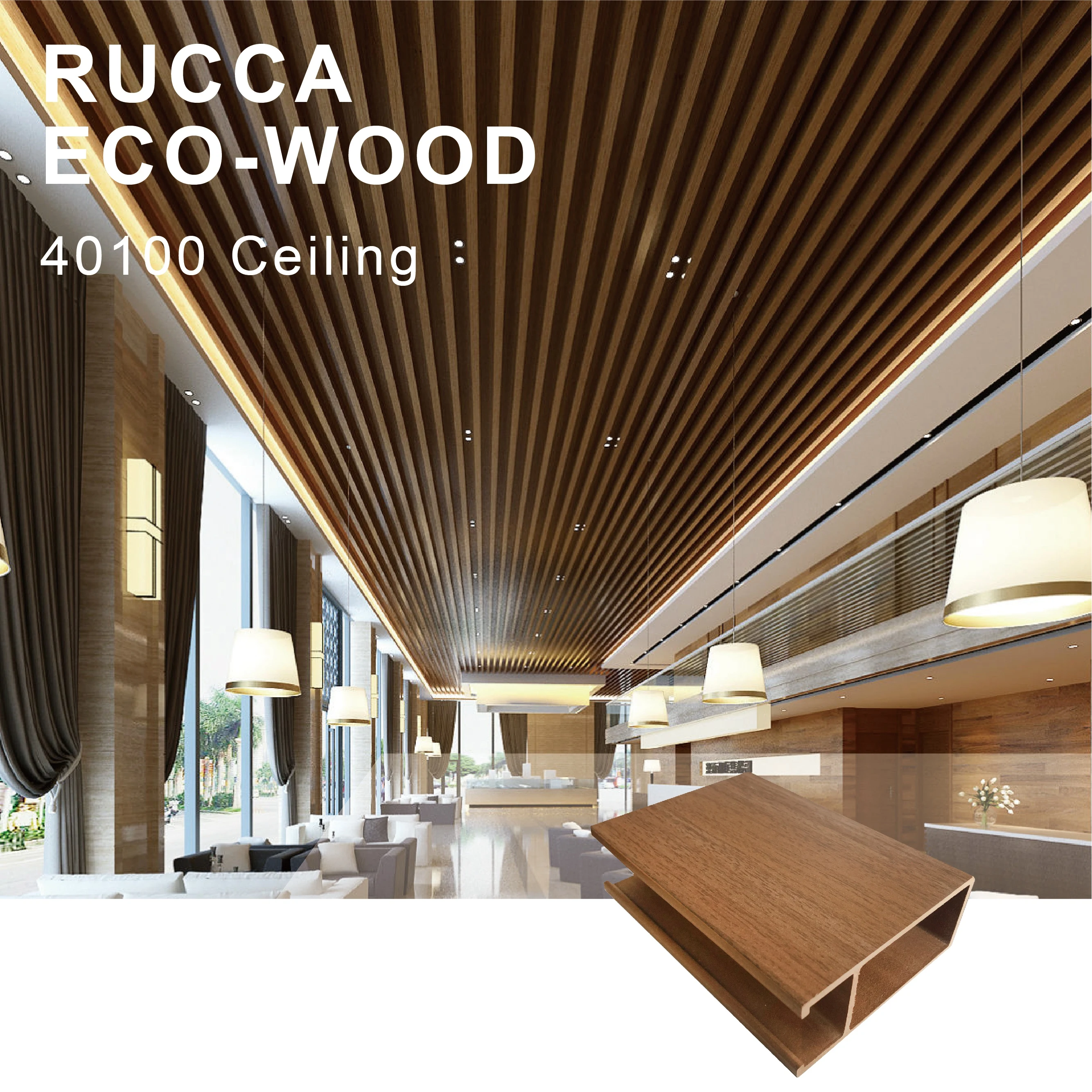 Wood Square Rucca WPC Ceiling Designs for Interior Decoration HOT !assembling Ceiling New WPC Material Foshan 40x100mm Wooden