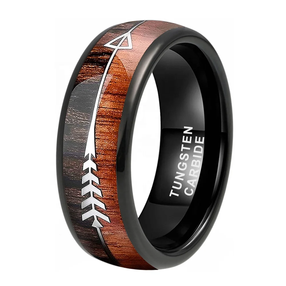 Coolstyle Jewelry 6mm 8mm Silver Black Gold & Rose Tungsten Ring Men Women Trendy Wedding Band Koa Wood Arrow Inlay Comfort Fit