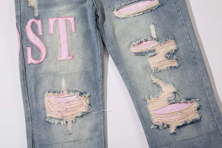 Patched Ripped Baggy Street Style Design Wide Leg Fashion Damaged Loose Denim Pants