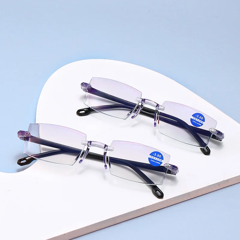Hot sales New anti blue light myopia glasses fashion rimless cut finished myopia glasses wholesale