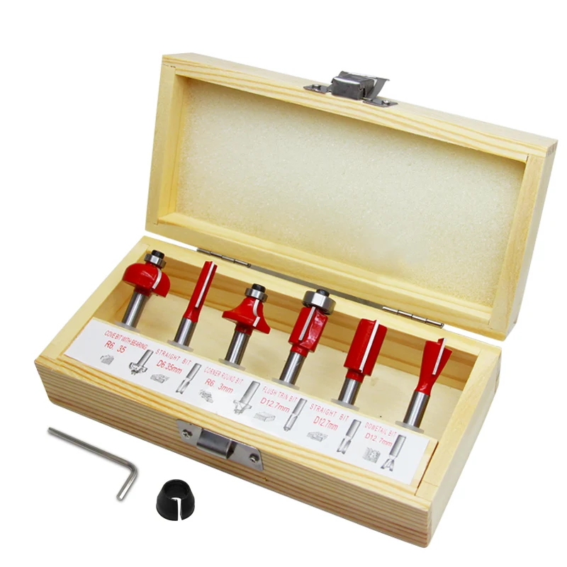6pcs Wood Router Bit Set 6.35mm 1/4 Inch Shank Tungsten Carbide Tipped Milling Cutter with Bearing Woodworking Tools