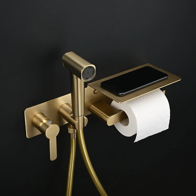Bathroom Brushed Gold Hot and Cold Brass Self Cleaning Handheld Muslim Shower Toilet Shattaf Bidet Spray Set with Paper Holder