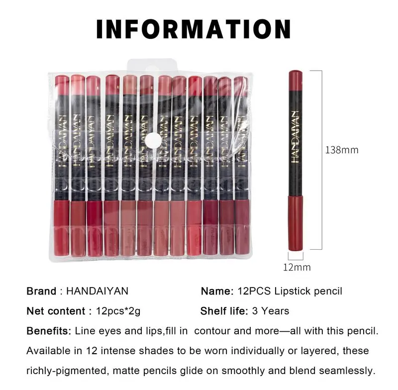 12 pcs/lot long-lasting waterproof 12 colors saturated matte lip liner lipstick pencil