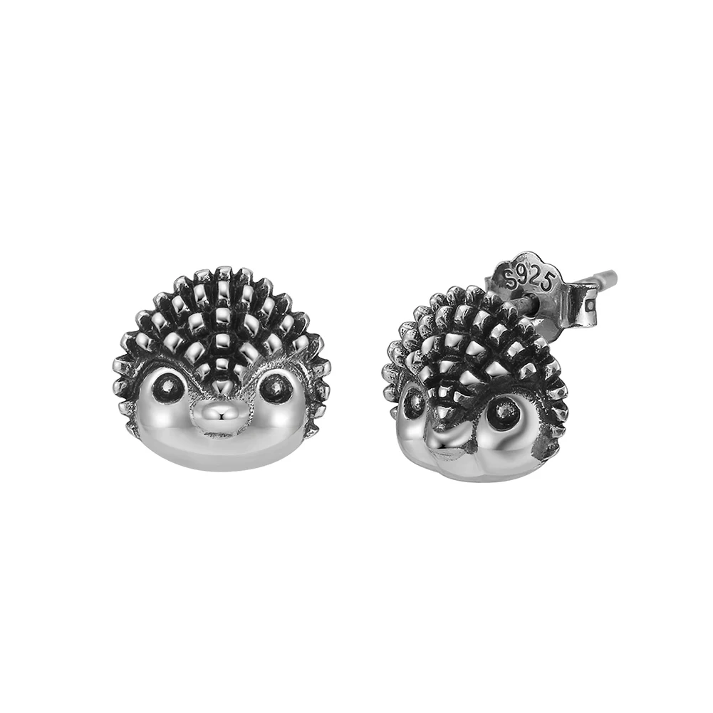 Vintage aretes de plata S925 Sterling Silver Oxidized Silver Cute Animal Hedgehog Snake Sheep Stud Earrings Jewelry Women