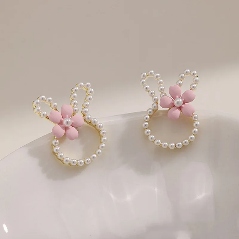 Wholesale S925 Silver Needle Sweet Little Rabbit Earrings Female Pearl Flower Rabbit Ears Cartoon Cute Earrings
