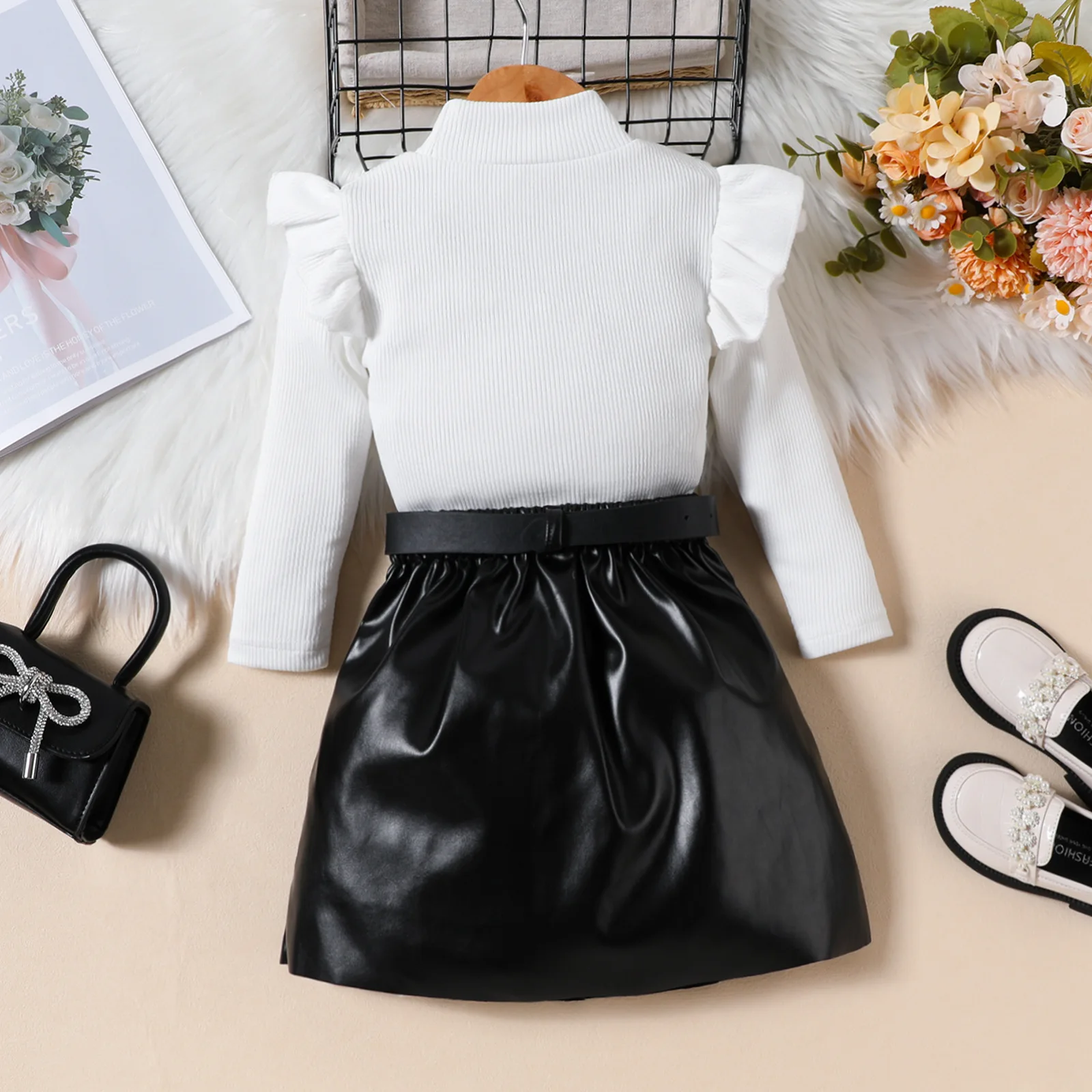 2024 Spring Autumn Girls Clothing Solid Color High Neck Long Sleeve Top PU Leather Pleated Skirt Belt 3Pcs Children Clothes