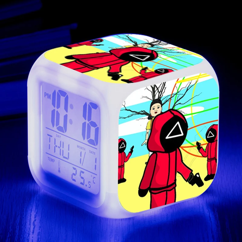 2021 Hot Sale Creative Squid Game Alarm Clock Head Girl & Colorful LED Multifunctional Square Clock