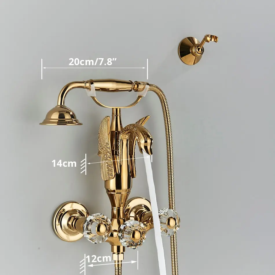 Luxury Golden Bathroom Swan Bathtub Faucet Wall Mounted Cold Hot Water Bath Shower Mixer Tap Brass Handshower Crystal handwheel