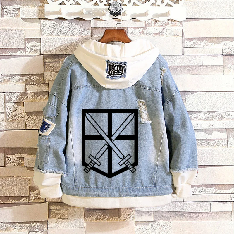 Factory Attack on Titan Jeans Jacket Scout Regiment Cosplay Denim Coat Eren Jaeger Hooded Sweatshirt Coat men trucker jacket