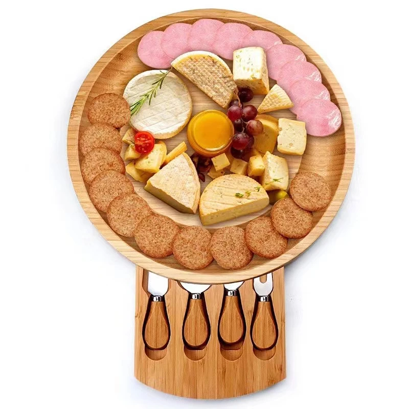 Bamboo cheese board wooden round cheese tray for picnics  platter unique Christmas gift  housewarming birthday gift