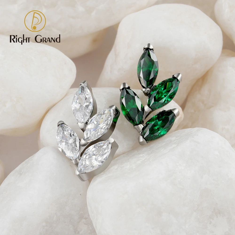 Right Grand ASTM F136 Titanium 16G Marquise CZ Leaf Shaped Cartilage Helix Conch Lobe Ear Piercing Flat Back Earring