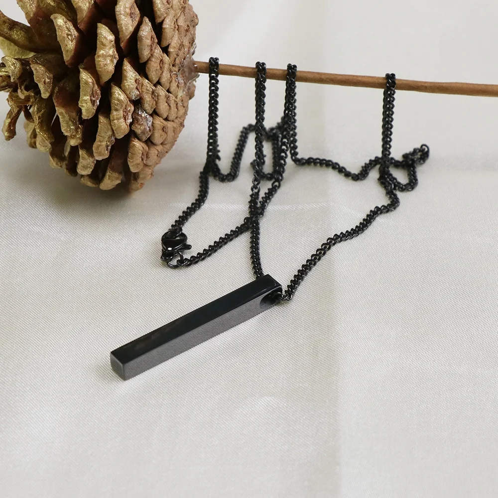 high quality stainless steel thin cuban chain black plated blank vertical bar necklace men
