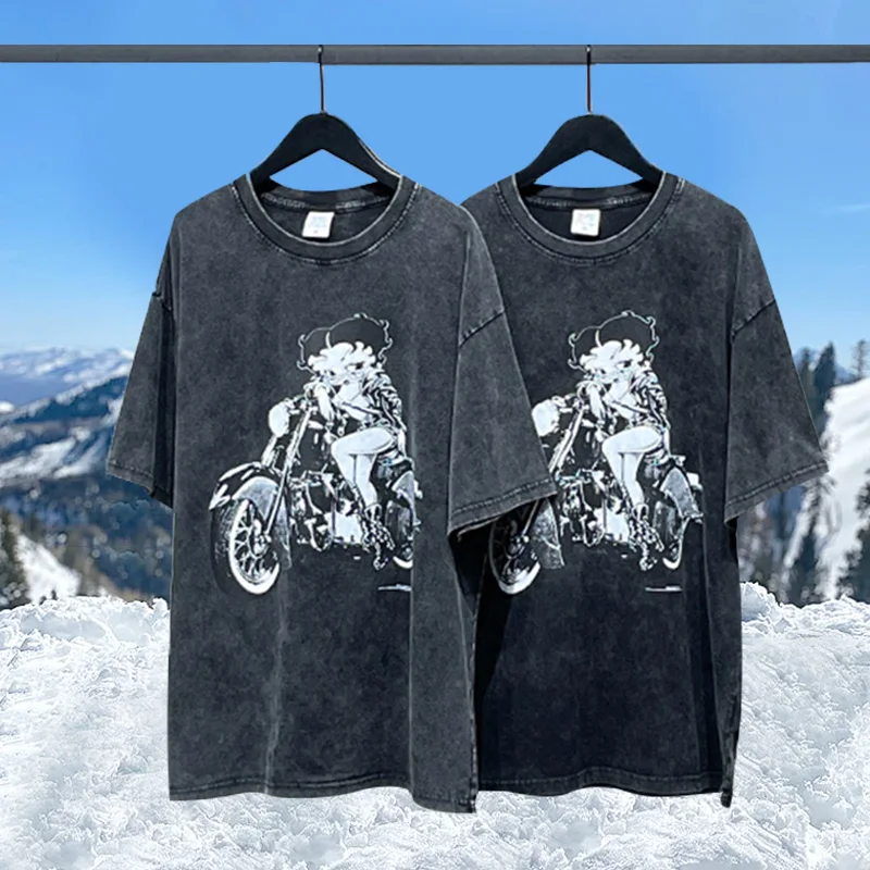 Custom Pattern Dtg Printing T Shirt Heavy Weight Cotton Black Acid Wash Tshirt Lightly Distressed Vintage Washed Tshirt For Men