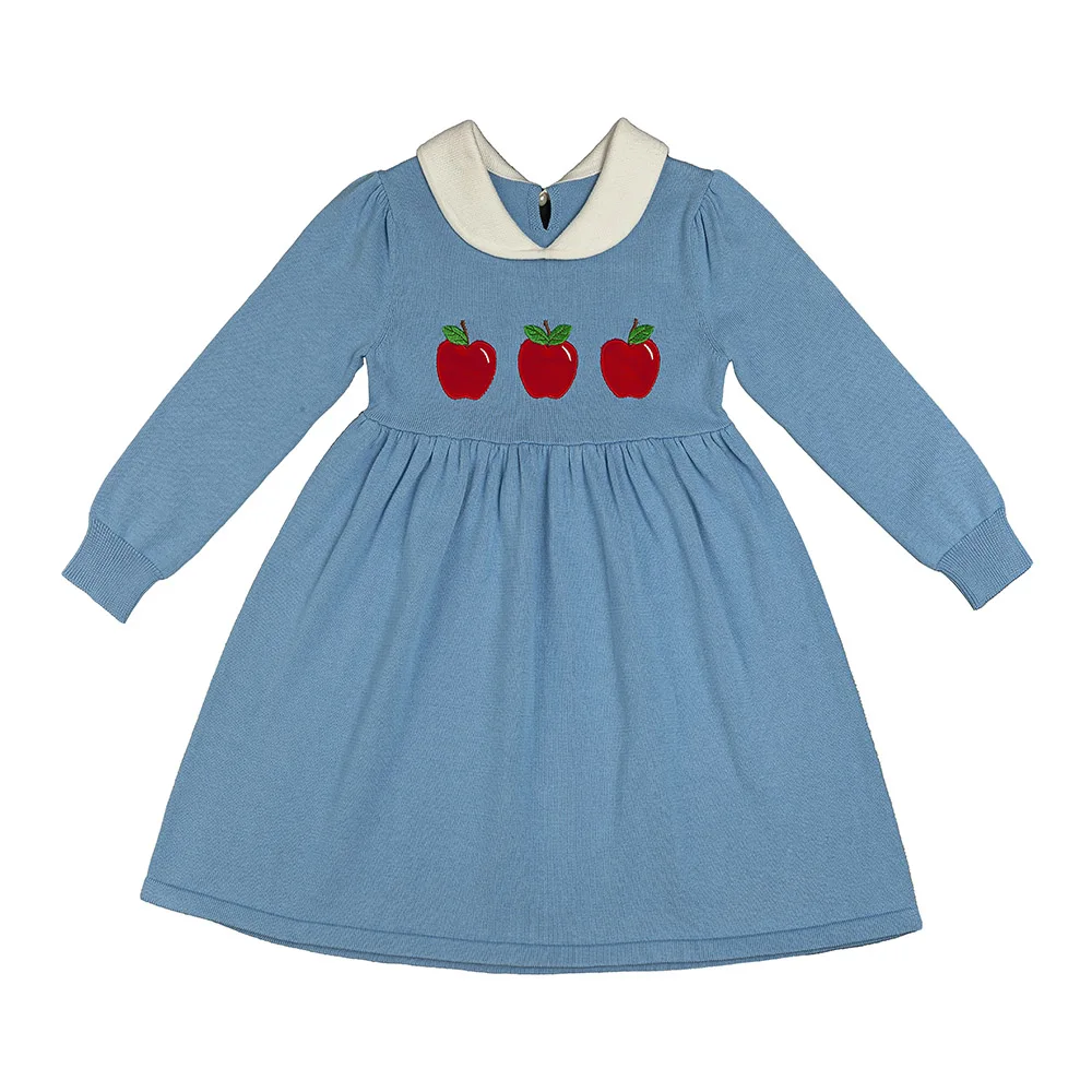 High quality winter baby girls party dress design 100% cotton apple embroidered Christmas baby girl dress