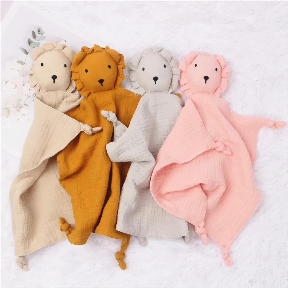 Ins Solid Color100% Organic Cotton Muslin Baby Security Comforter Blanket Newborn Lion Sleeping Dolls Kids Soothe Appease Towel