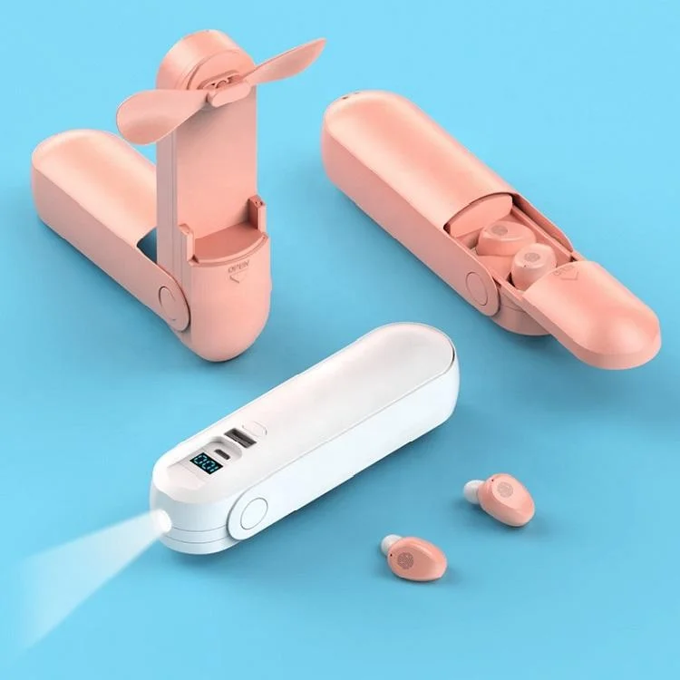 Outdoor Handheld LED Flashlight In-Ear Mic Earphone Mini Fan Tws Wireless Bluetooth Headset Earbuds Fan