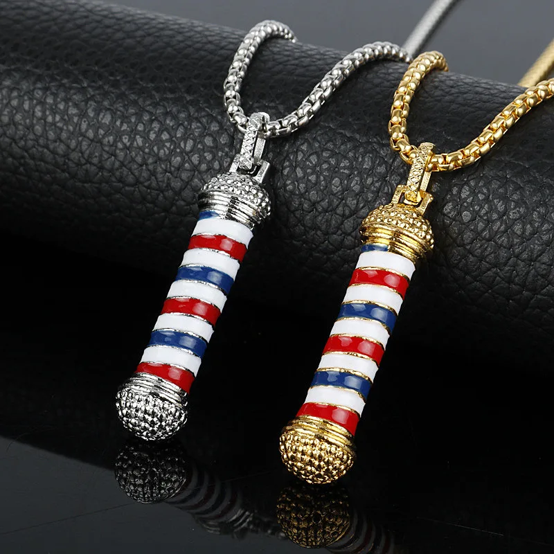 Funky Enamel Barber Shop 3D Barber Pole Pendant Necklace Trendy Luxurious Long Chain Barbershop Turn Light Rapper Necklace