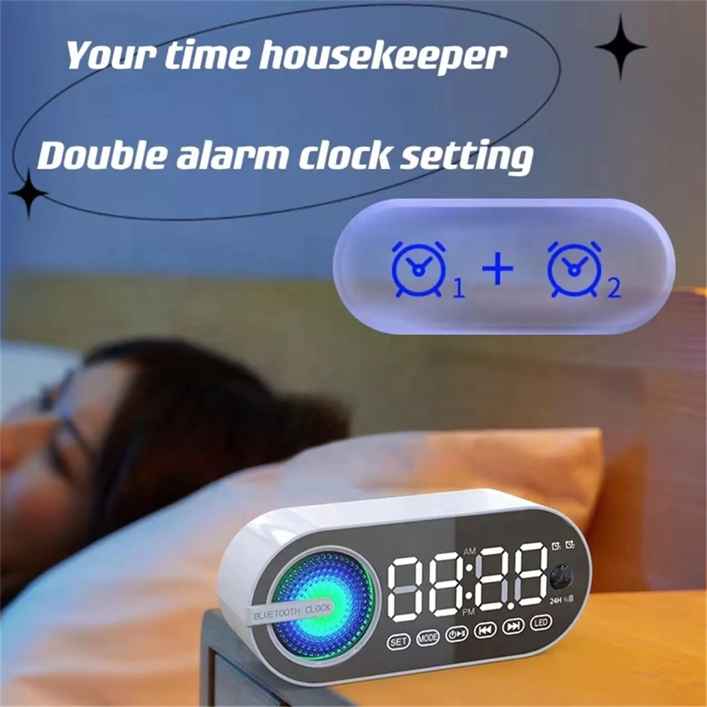 Hot Selling Wireless Mini Portable Home Speaker Alarm Clock With FM Radio Led Surround Light Loudspeakers Blue tooth Speakers