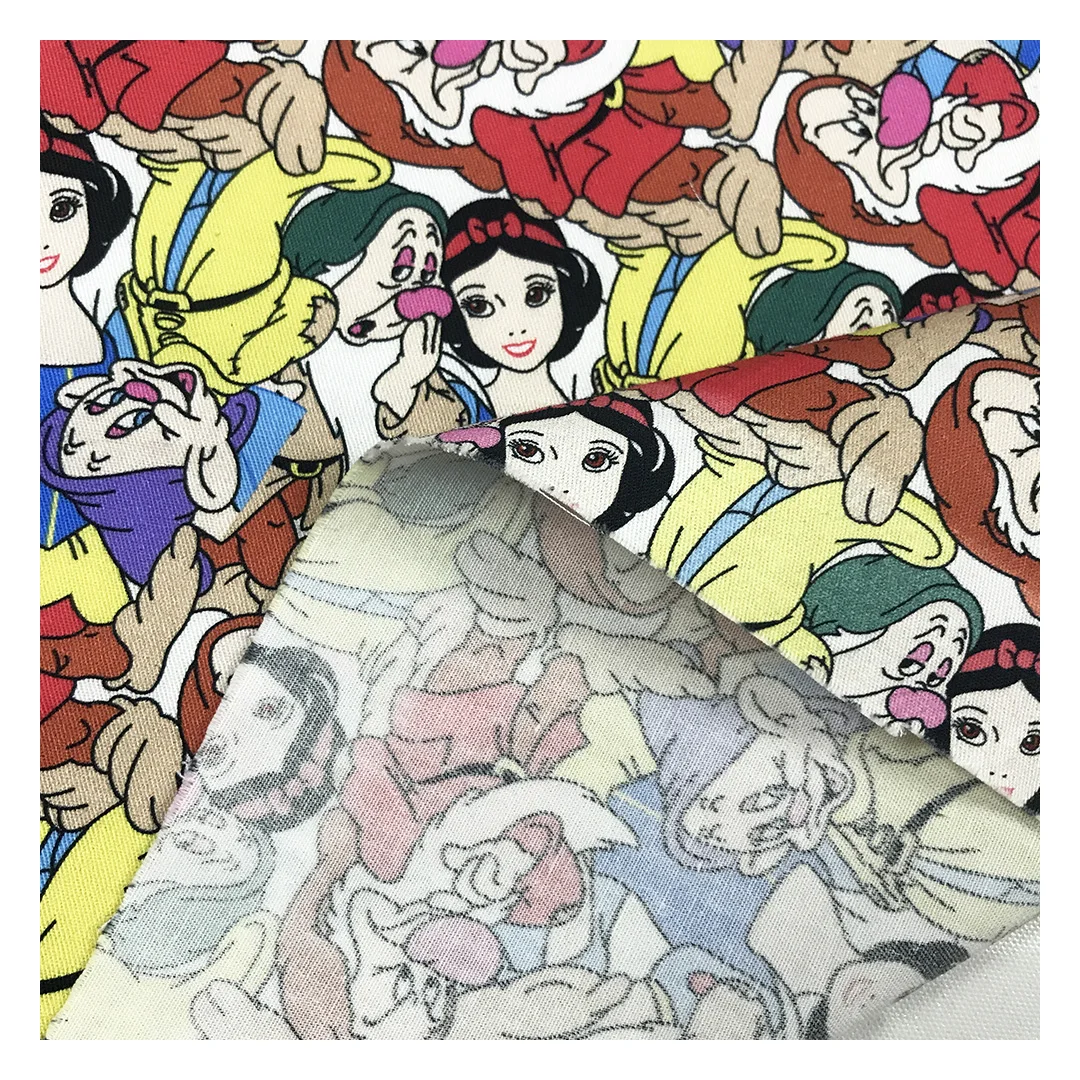 The factory outlet princess snow white with dwarfs design cartoon digital costomize fabric printing cotton twill for garment