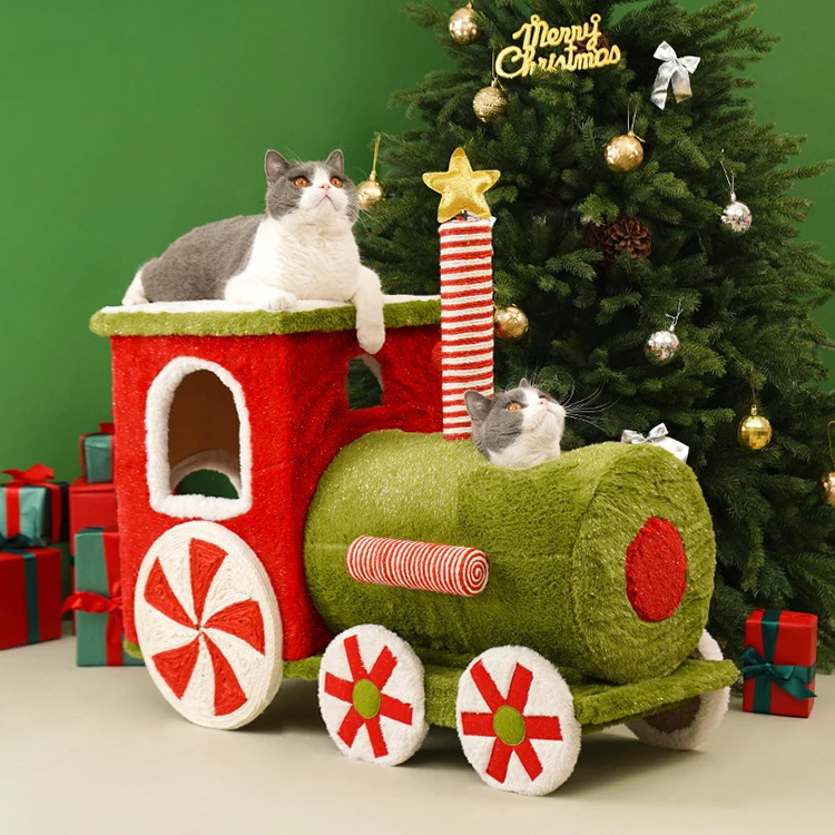 Cat Climbing Frame Christmas Train Cat Trees with Fun Ringing Stone Lob Natural Jute Cat Climbing Tree