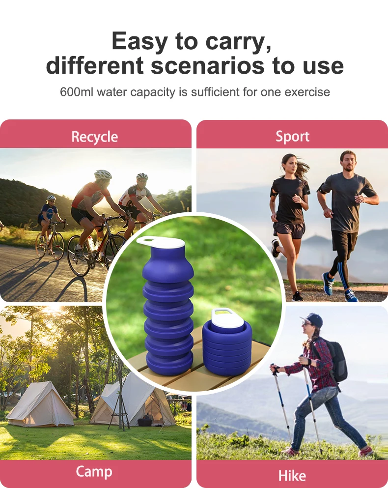 Custom Hot Selling Running Drink Portable Foldable Kid Silicone Gym Sports Travel Collapsible Water Bottle
