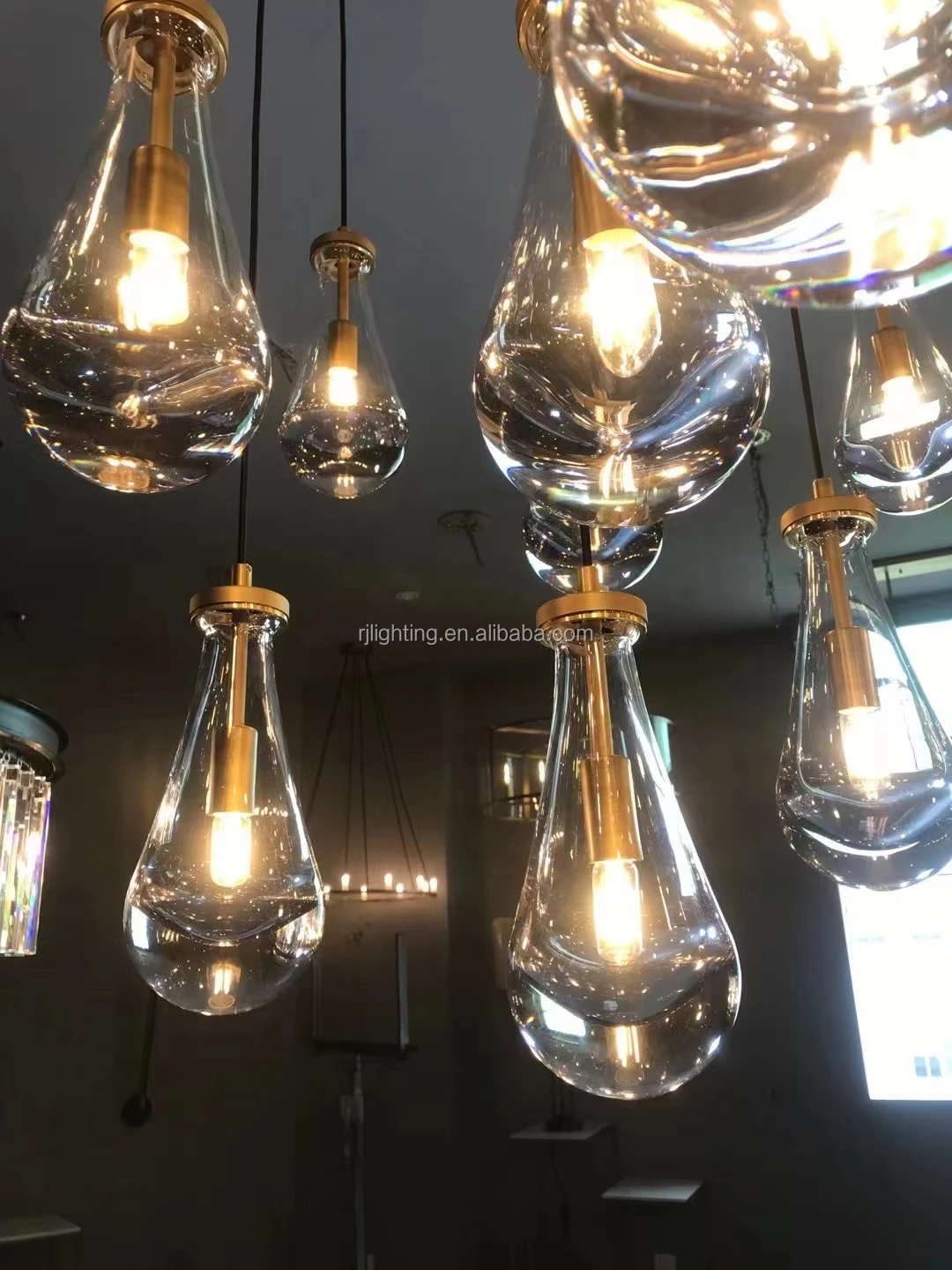 modern entrance foyer handblown K9 glass restoration brass bronze pendant lamp high ceiling luxury rain chandelier