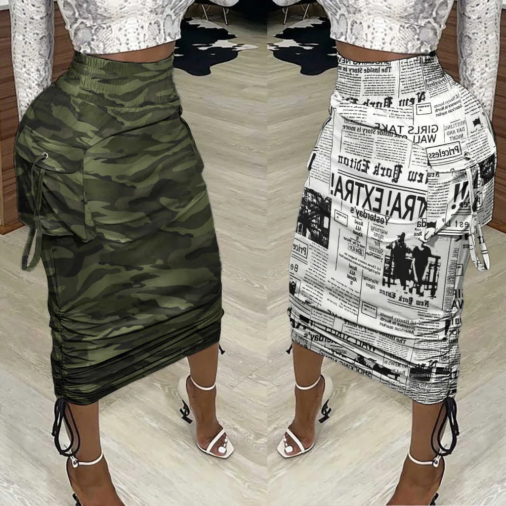 
army green and white newspaper printed fashion style 2021 summer women pencil skirt for women skirt 