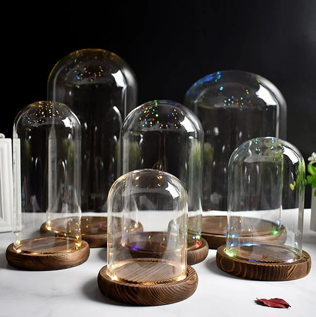 Wedding decor valentine gifts Custom Large Small Bell Glass Cloche with lights glass bell dome jar with LED light wooden base