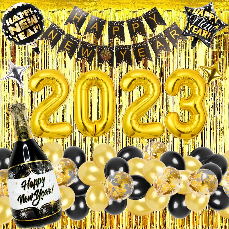 2023 Happy New Year Party Balloons sets Balloon Banner-Black and Gold Star Champagne Mylar Foil Party Supplies